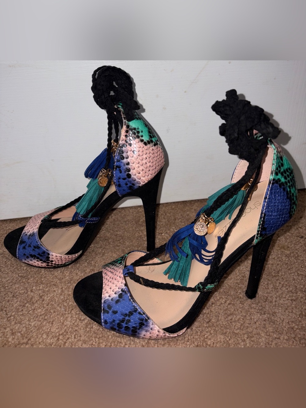 Snake-Print Multicolor Lace-Up Heels with Blue & Green Tassels by Shoe Dazzle